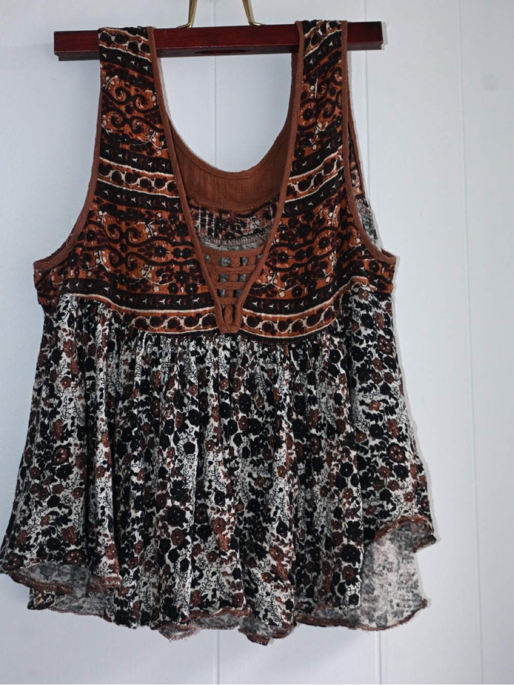 Free People Brown and Black Boho Embroidered Camisole